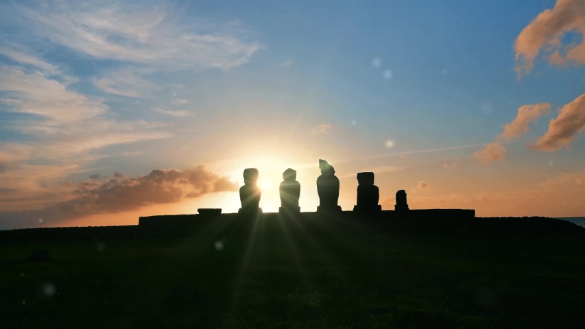 Sunset Behind Moai Statues on Easter Island, Chile