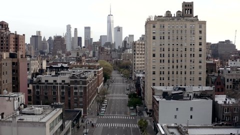 APR 25, 2020: empty streets over 6th Ave, no people, no cars, deserted city during coronavirus COVID-19 pandemic quarantine lockdown in Manhattan New York City NYC.