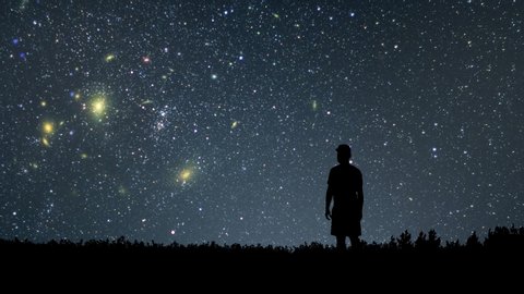 Man looking at the stars. Alone man looking at starry sky. Night sky. 