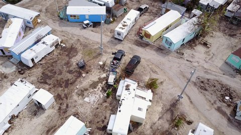 Islamorada, Florida, USA - Sept. 23, 2017:  Mobile Home debris from winds and storm surge of Hurricane Irma is seen in an aerial panoramic view of a mobile home park on the Atlantic Ocean