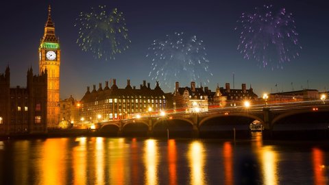 The Elizabeth Tower (Big Ben) of the Palace of Westminster and the River Thames with animated fireworks