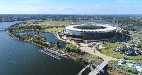 Perth, Western Australia / Australia - April 23, 2020:
Optus Stadium with park, surroundings and transport links, Areial View