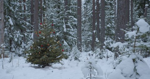 Decorated Christmas tree with lights and balls in snowy winter forest