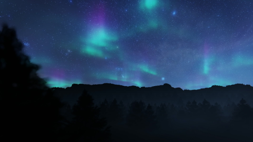 Flight over over forest mountain range against Northern lights Aurora Borealis | Shutterstock HD Video #1051316437