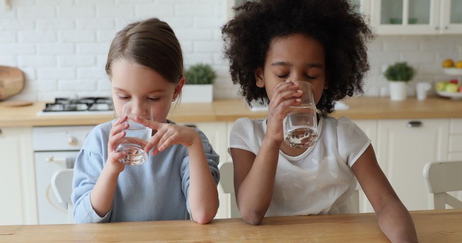 Healthy cute mixed race kids girls drinking water at home. Adorable african and caucasian children hydrating thirst to prevent dehydration sit at kitchen table. Children health care nutrition concept. Royalty-Free Stock Footage #1051329982