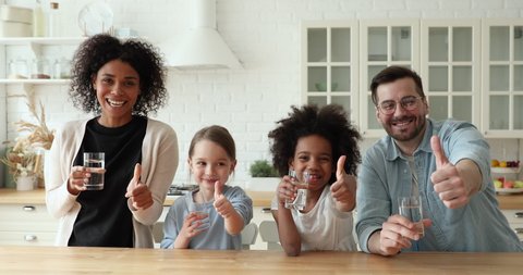 Happy healthy mixed race family young interracial parents and kids daughters drinking clean fresh pure mineral water showing thumbs up recommend good quality looking at camera in kitchen. Portrait.