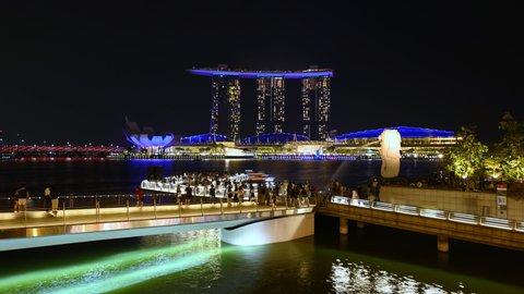 SINGAPORE CITY, SINGAPORE - May 26, 2018: Spectra Light and Water Show Marina Bay Sand Casino Hotel Downtown Singapore