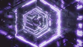 Abstract digital background with animation of a specular gem moving in the futuristic hexagon tunnel illuminated by purple neon lights. Seamless loop 3d rendering in 4K video.