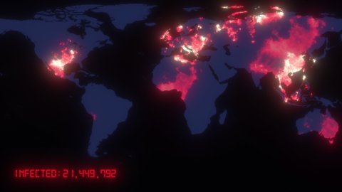 Animated map of spreading of the coronavirus COVID 19 pandemic from wuhan in china across the world. Dark map with orange colored cities with statistics data. 3d rendering concept background in 4K.