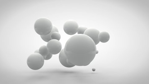 3D animation of a cube that splits into several cubes. Cubes turn into spheres that are randomly distributed in space and disappear. Animation with the ability of continuous playback.