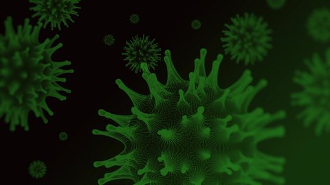 Green virus cells flowing corona virus. Viral disease outbreak. Hepatitis viruses, influenza virus H1N1, Flu, cell infect organism, aids. Virus abstract background. 3D 4K render