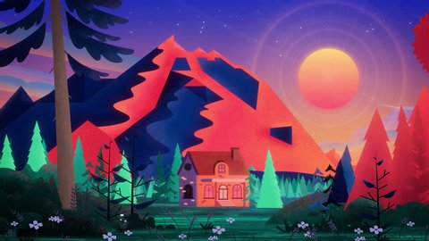 A beautiful brick house with brown ceramic tiles in a psychedelic red-blue coniferous forest. The bright sun behind a huge mountain in the evening sky illuminates the fabulous landscape. Seamless loop