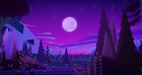 Beautiful fabulous night purple-blue coniferous forest. View of the night sky with stars and a bright moon between the rocks. The magic haze of the gloomy forest. Seamless loop.