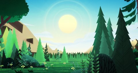 Sunrise of the bright sun, from the clouds, in a beautiful summer coniferous forest. Evergreen trees, bushes, and flowers slowly sway in a gentle breeze. Easy swaying of the camera. Seamless loop.