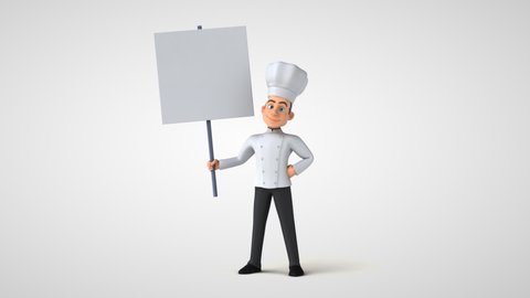 Cartoon chef character with a sign