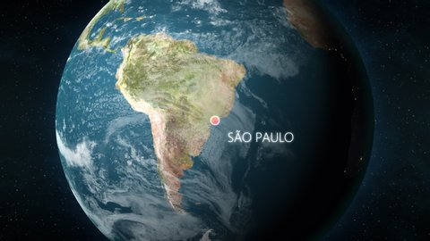 Planet Earth, seen from space, zooming in and centering on Sao Paulo, Brazil. 3D computer generated animation.