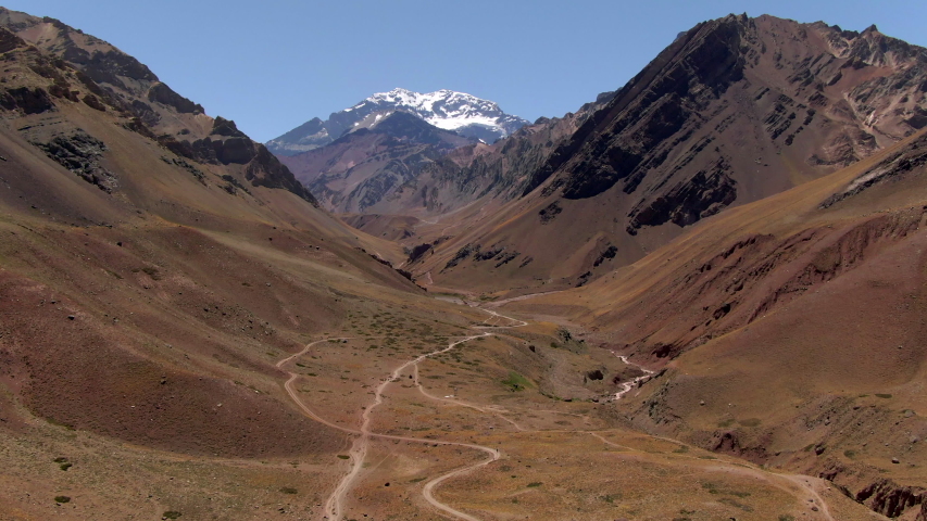Aerial view of Mount Aconcagua, the highest mountain in the Americas, in Mendoza Province, Argentina.