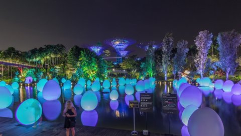 SINGAPORE - CIRCA JAN 2020: Future Together exhibition at Dragonfly Lake and Bayfront Plaza Gardens by the Bay timelapse hyperlapse. Ovoids of light change colour, creating resonating sound and light