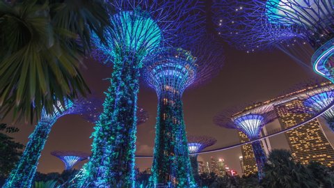 SINGAPORE - CIRCA JAN 2020: Futuristic view of amazing illumination at Garden by the Bay night timelapse hyperlapse in Singapore. Night light show at Supertree Groveis is main Marina Bay district