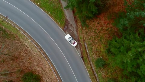 cabriolet car is moving over road in countryside, aerial view at spring day, private transport