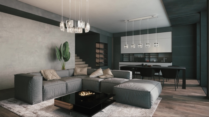 Building up of modern living room interior. Furnishing process. Interior repair animation.