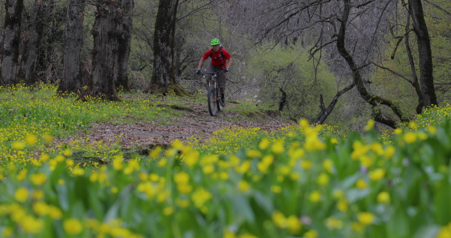 Mountain biking through flower meadow in Azerbaijan.