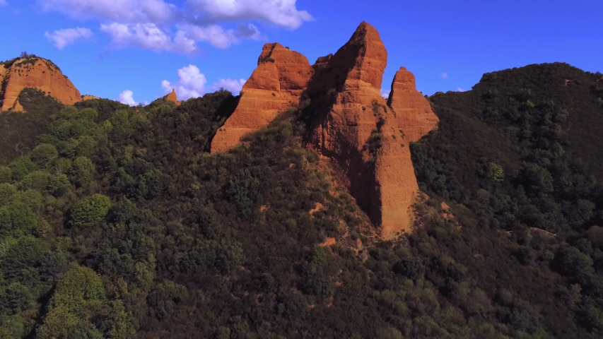 Panorama view of historic gold mining site Las Medulas, aerial shot