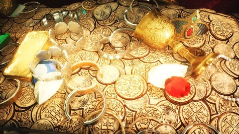 Treasures and jewels in a deserted cave. Coins, diamonds, and gold treasures. A lot of jewelry, gold statuettes, emeralds, bracelets and chests.