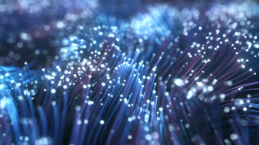 Fiber optic wires with flashing signals. Digital data transmission via fiber optic cable. Bouquet of colored optical fibers with bokeh. Technology concept. Seamless loop 3d render Royalty-Free Stock Footage #1051382818