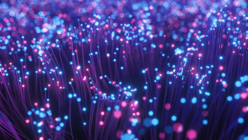 Fiber optic wires with flashing signals. Digital data transmission via fiber optic cable. Bouquet of colored optical fibers with bokeh. Technology concept. Seamless loop 3d render Royalty-Free Stock Footage #1051382848