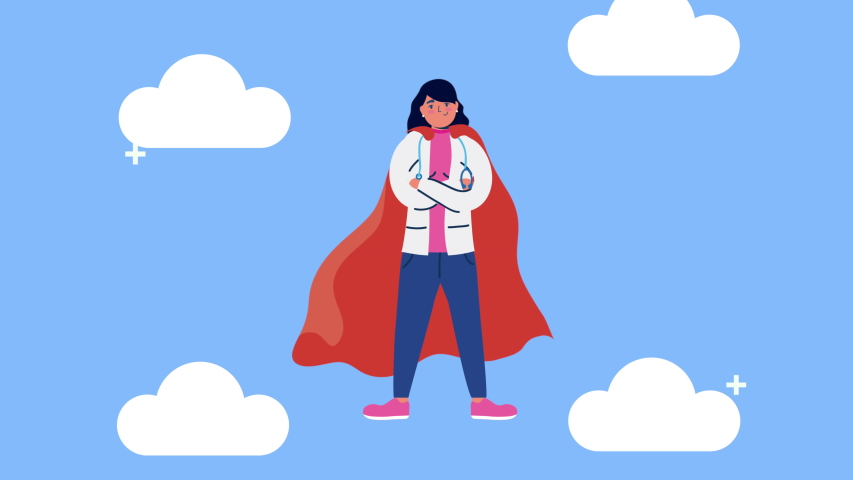 super female doctor with hero cloak in the sky,4k video animated