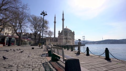 Istanbul, Turkey 25 March, 2020: COVID-19 Pandemic Curfew ISTANBUL BOSPHORUS and Ortakoy Mosque