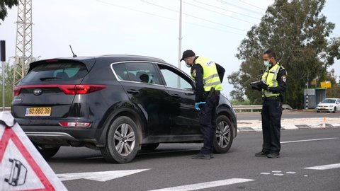 Tiberias, Israel - April 6, 2020: Corona Virus lockdown, Police Check point at Passover evening due to Government guidelines.