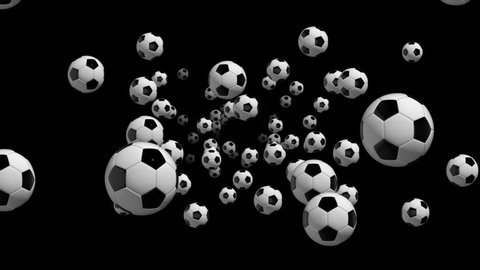 Camera moving through soccer balls on an alpha channel background.