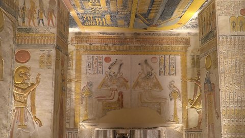 Luxor, Egypt - January 2020: Corridor with ancient Egyptian inscriptions and a tomb. The Valley of the Kings also known as the Valley of the Gates of the Kings is a valley in Egypt