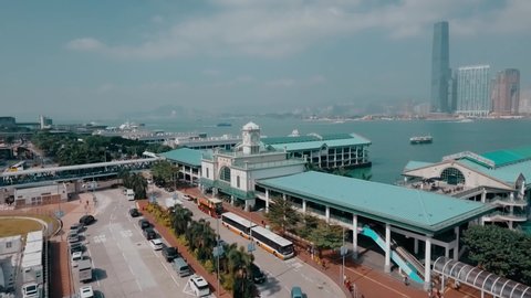 Aerial video of Star Ferry Central Pier on Hong Kong island