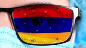 closeup, eye, part of doctor face in medical mask, glasses, which painted in colors of Armenia flag. Many viruses, germs moving on glass.State interests in vaccines, drugs invention, pathogenic - Powered by Shutterstock - Get 15% off with code: PIKWIZARD15