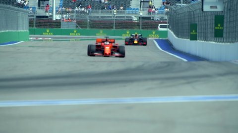 SOCHI, RUSSIA - 29 September 2019: Sebastian Vettel riding his Scuderia Ferrari race car at Formula 1 Grand Prix of Russia 2019
