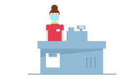animation motion cashier in a protective medical mask at the checkout counter in a store shop supermarket. Quarantine coronavirus 2019-nCoV in the store. 
flat illustration on a white background