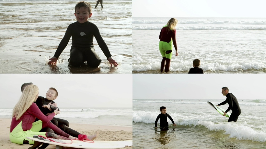 Cheerful surfer parents and kids wearing wetsuits, enjoying leisure at ocean, bathing, sitting on sand. Multiscreen montage, collage portraits. Active lifestyle and surfing concept