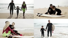 Happy surfer family enjoying activity at ocean, sitting on sand, walking along beach, polishing surfboard. Multiscreen montage, collage portraits. Active lifestyle and surfing concept