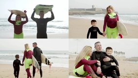 Family of surfers in wetsuits enjoying holiday on ocean beach, walking and carrying surfboards. Multiscreen montage, collage portraits. Active lifestyle and surfing concept