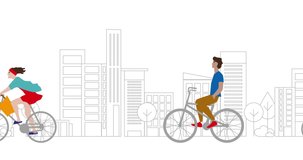 People ride bike on the street away to work. Riding bike in flat style with city background. 2d, animation, cartoon, illustration, clip art, vector. Web banner. Time lapse.