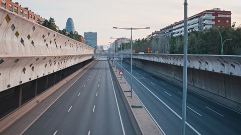 4K Empty highway in Barcelona, Spain, during coronavirus pandemic and state of alarm in April 2020