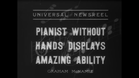 CIRCA 1936 - A pianist who's lost both of his hands can still play a Chopin nocturne on the piano.