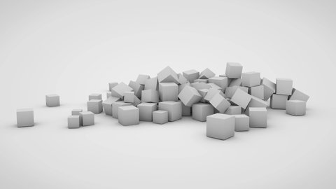3D animation of an abstract array of many cubes of different sizes on a white background. cubes appear and fall on the white surface. Abstract 4K animation, mathematical minimalism.
