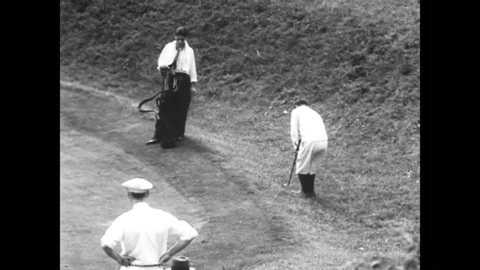 CIRCA 1930 - Golfers Tony Manero and Gene Sarazen are seen competing at the Glen Falls Open, and E.W. West presents Manero with the winner's cup.