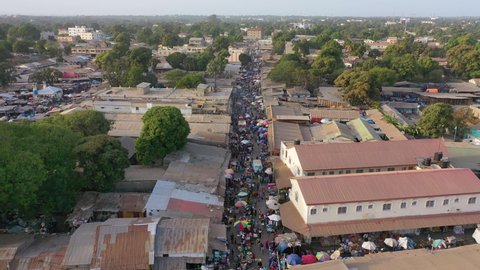 WEST AFRICA - CIRCA 2020 - Very good aerial over West African street market in Gambia.