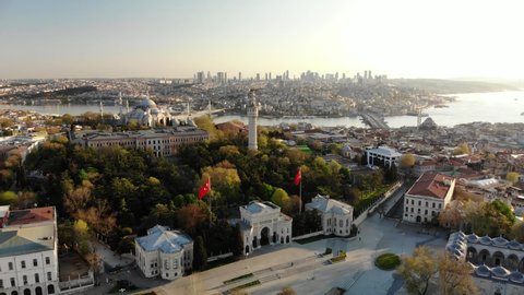 Beautiful Istanbul view. Historical Istanbul university, Suleymaniye Mosque, Golden Horn and Beyazit Tower.