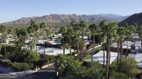 Aerial fly by view of the city of Palm Springs, California.